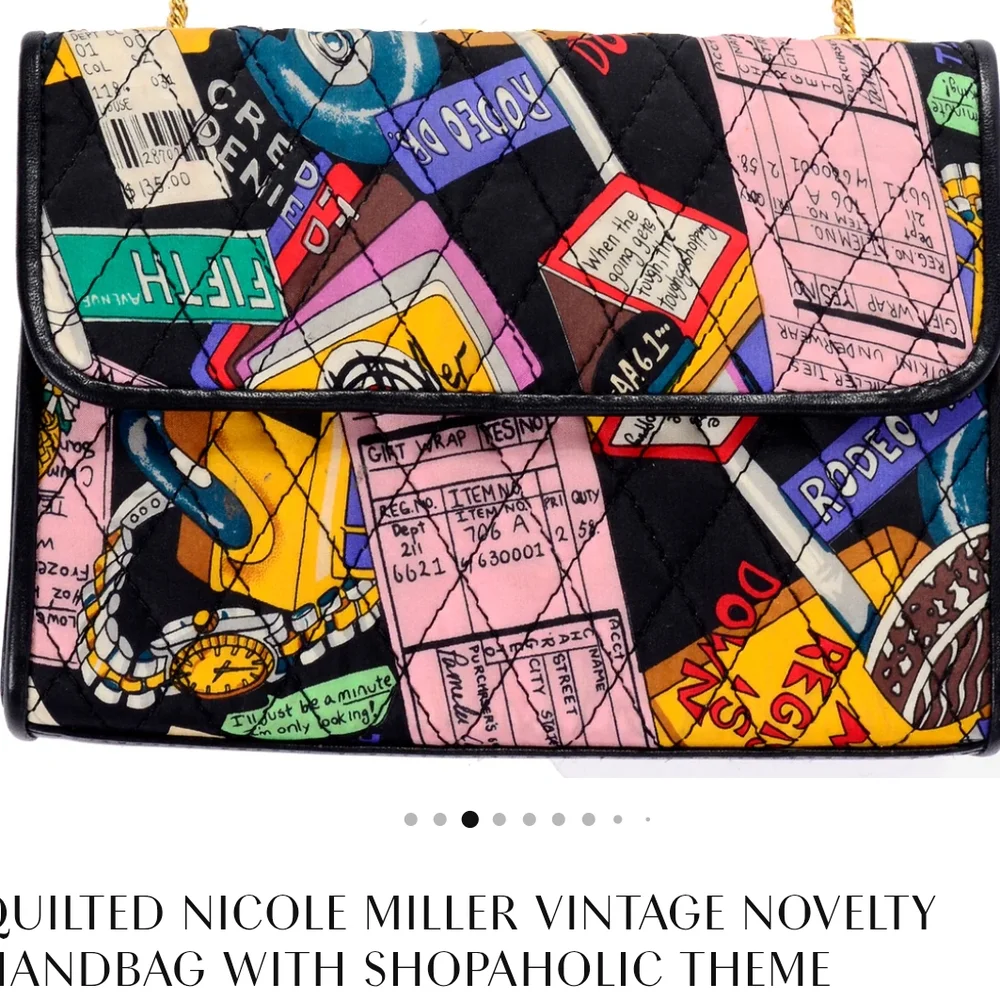 Nicole Miller Quilted Silk VGold  Print Shoulder Bag with Glos - Picture 5 of 6
